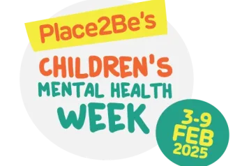 circle with Place2Be's in a yellow rectangle.  The words Children's Mental Health Week in green underneath and the dates 3 to 9 Feb 2025 in yellow in a green circle